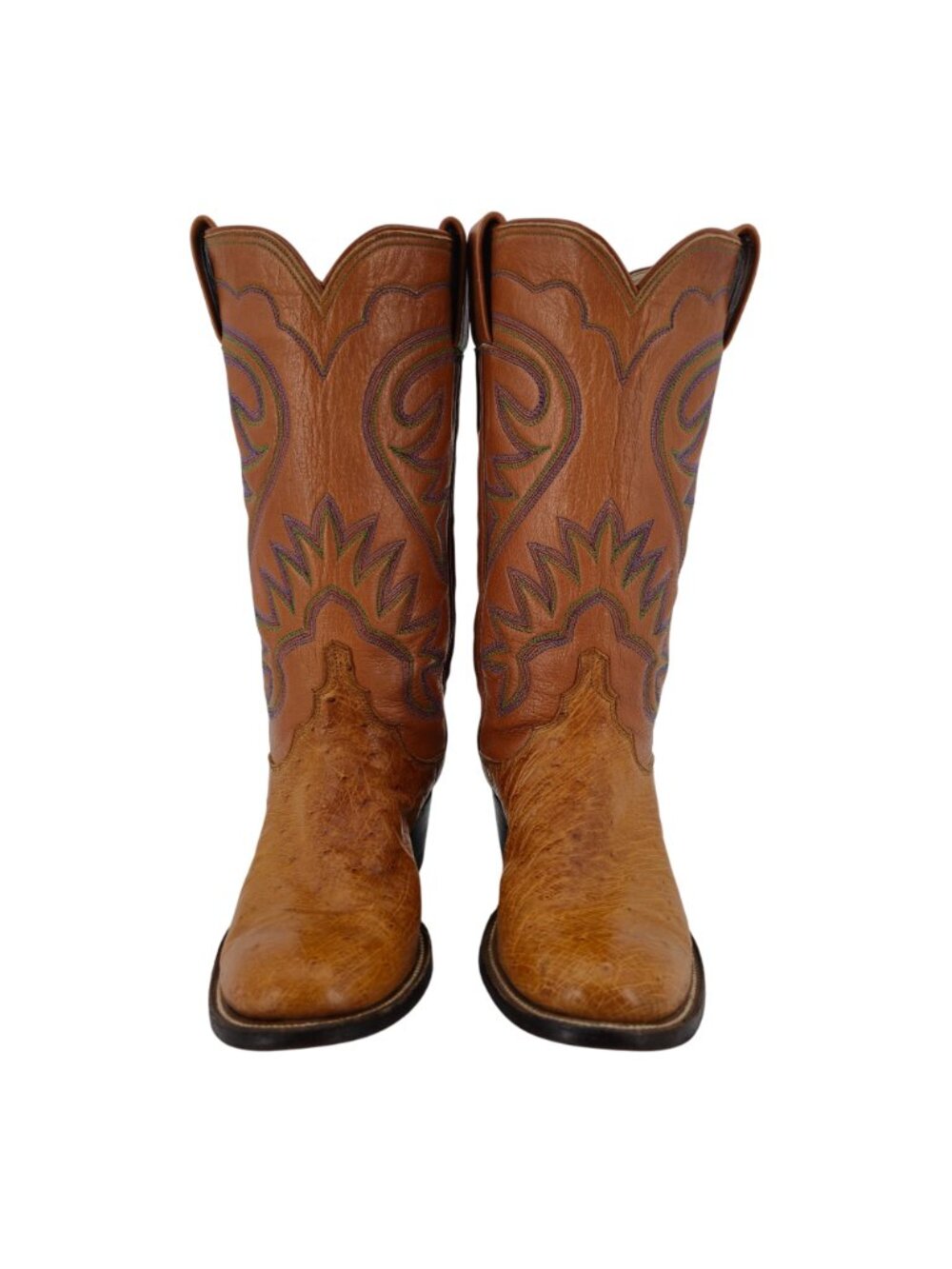 M.L. Leddys Ostrich Exotic Cowgirl Boots Womens 5B Brown Purple Green Cowboy CBC - Picture 2 of 16
